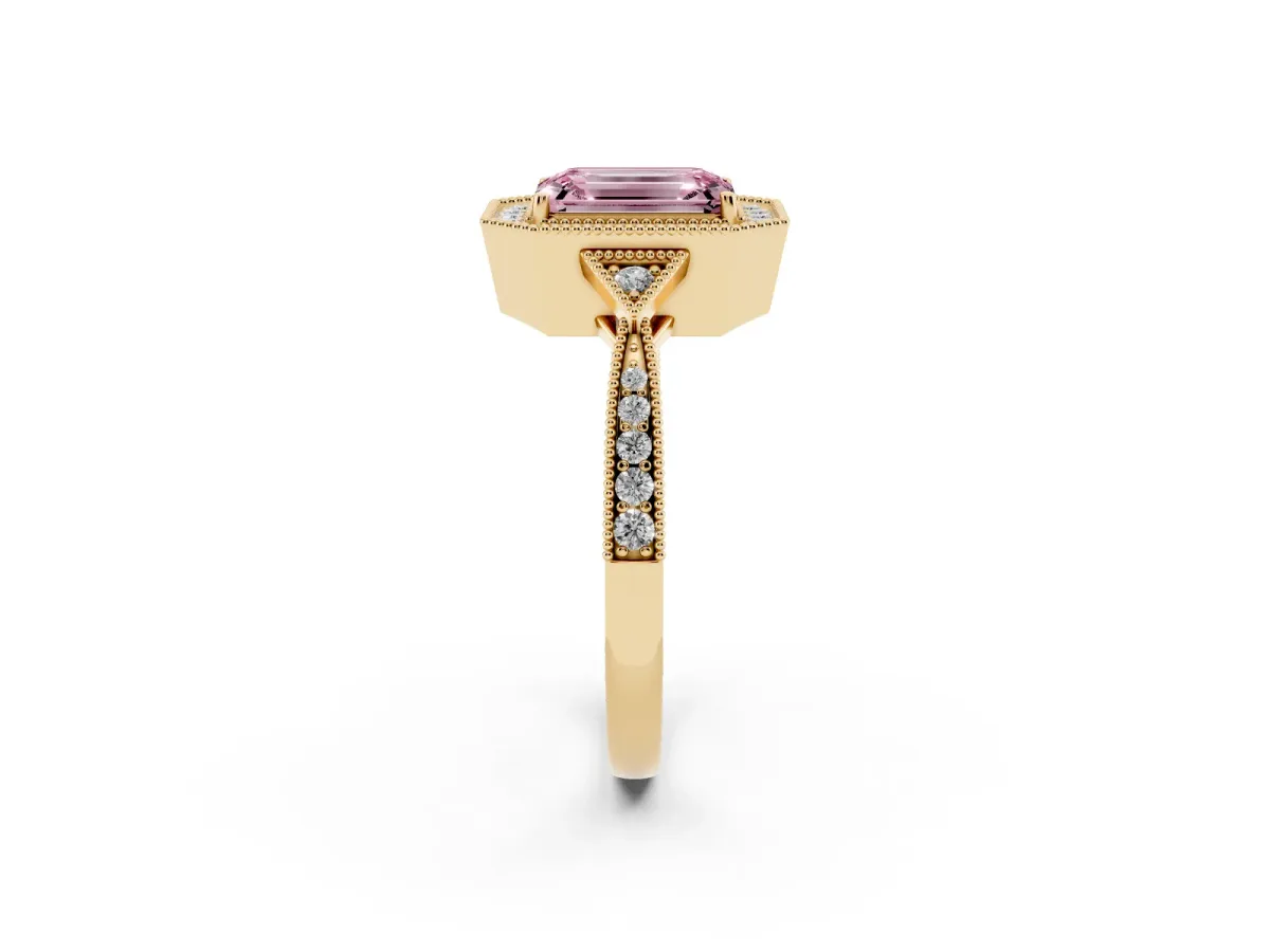 Fancy Pink Emerald Cut Halo Round Diamond Milgrain Pave Engagement Ring Yellow gold