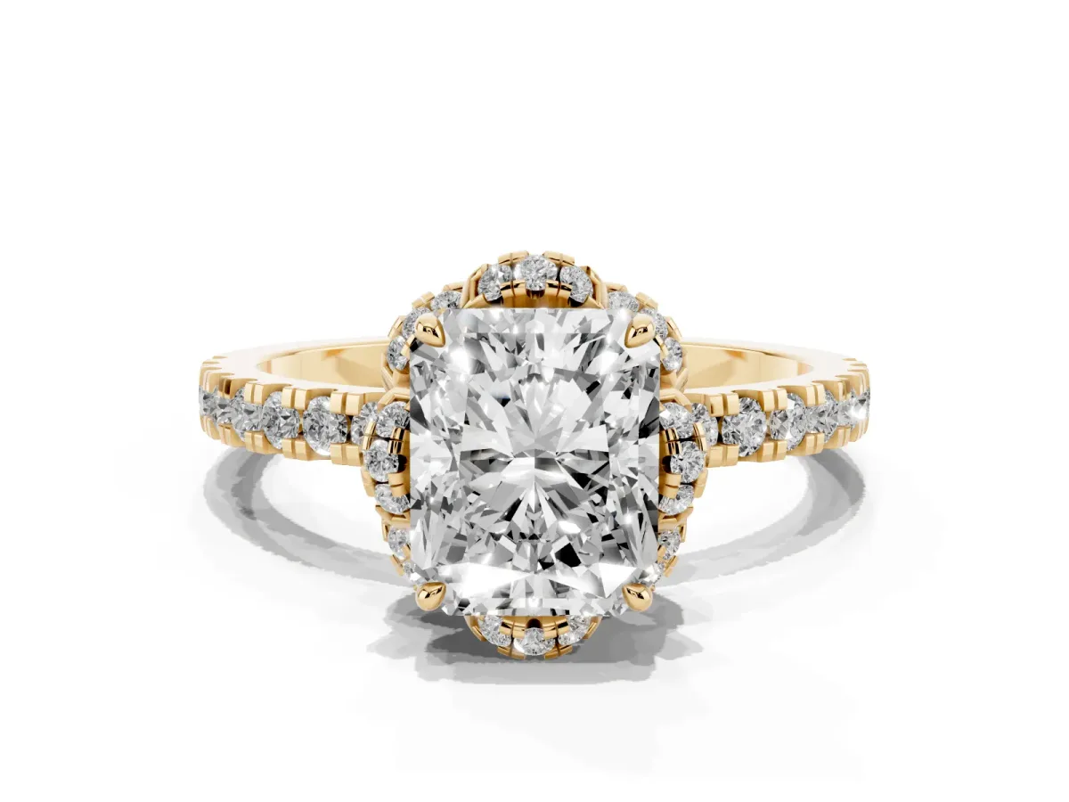Radiant Cut Halo Diamond Pave Band Ring with Four-Prong Setting Yellow gold