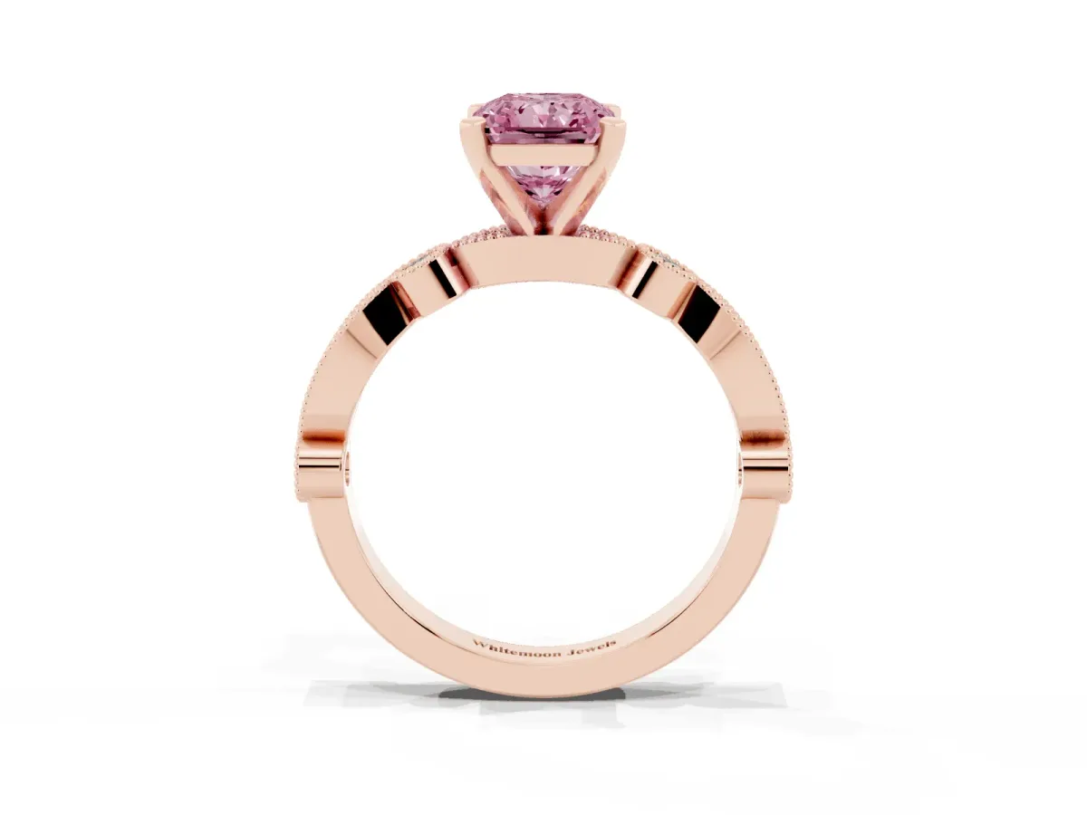 Fancy Pink Radiant Cut Milgrain Bezel Diamond Engagement Ring with Solitaire Prong Setting Rose gold
