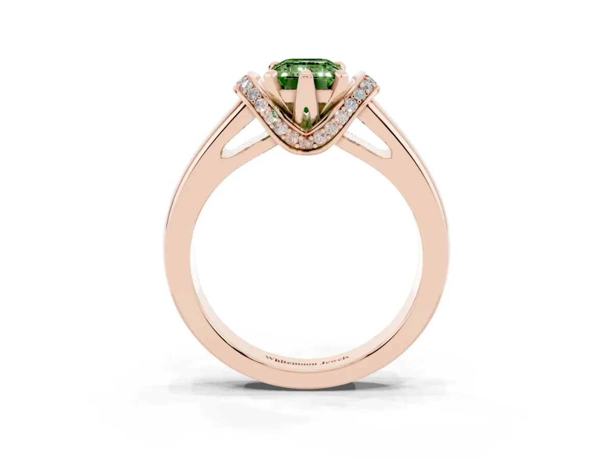 Fancy Green Emerald Cut Solitaire Diamond Ring with Pave Band and Six-Prong Setting Rose gold