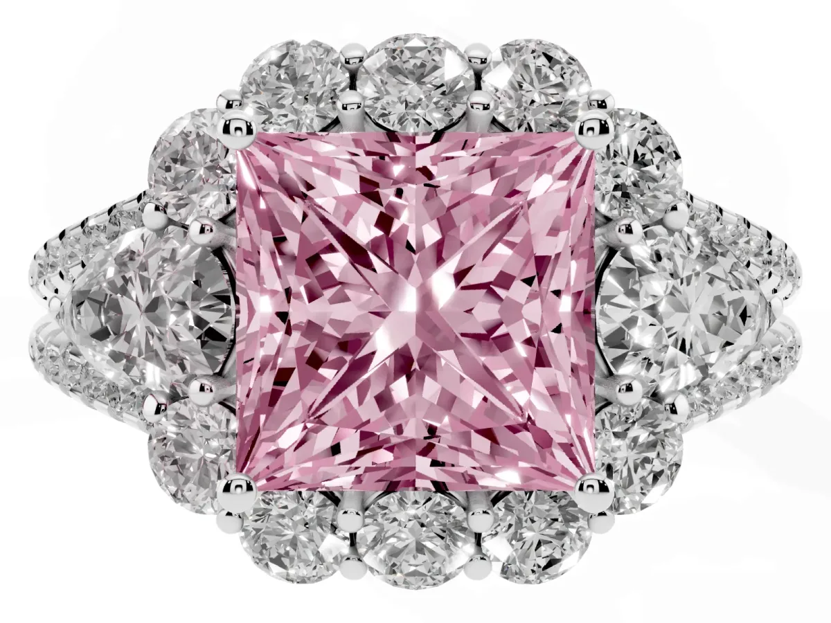 Fancy Pink Princess Cut Halo Split Shank Diamond Engagement Ring with Prong Setting Platinum