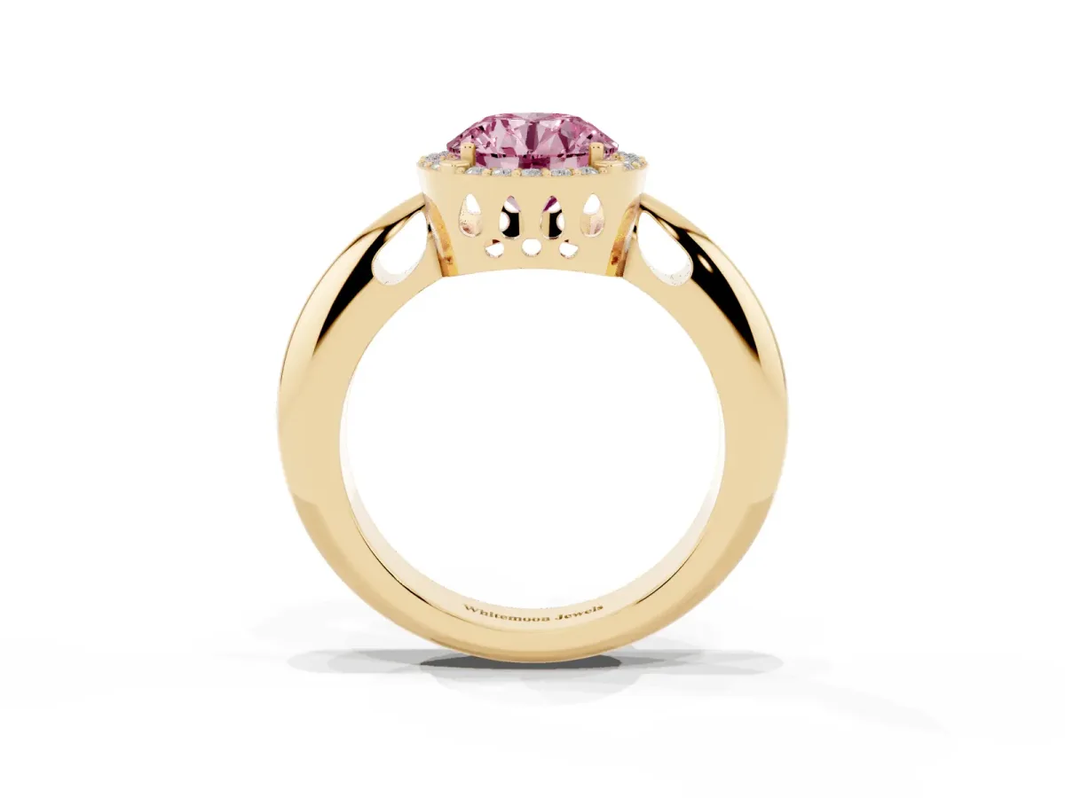 Fancy Pink Round Cut Cut Diamond Halo Engagement Ring with Split Shank and Four-Prong Setting Yellow gold
