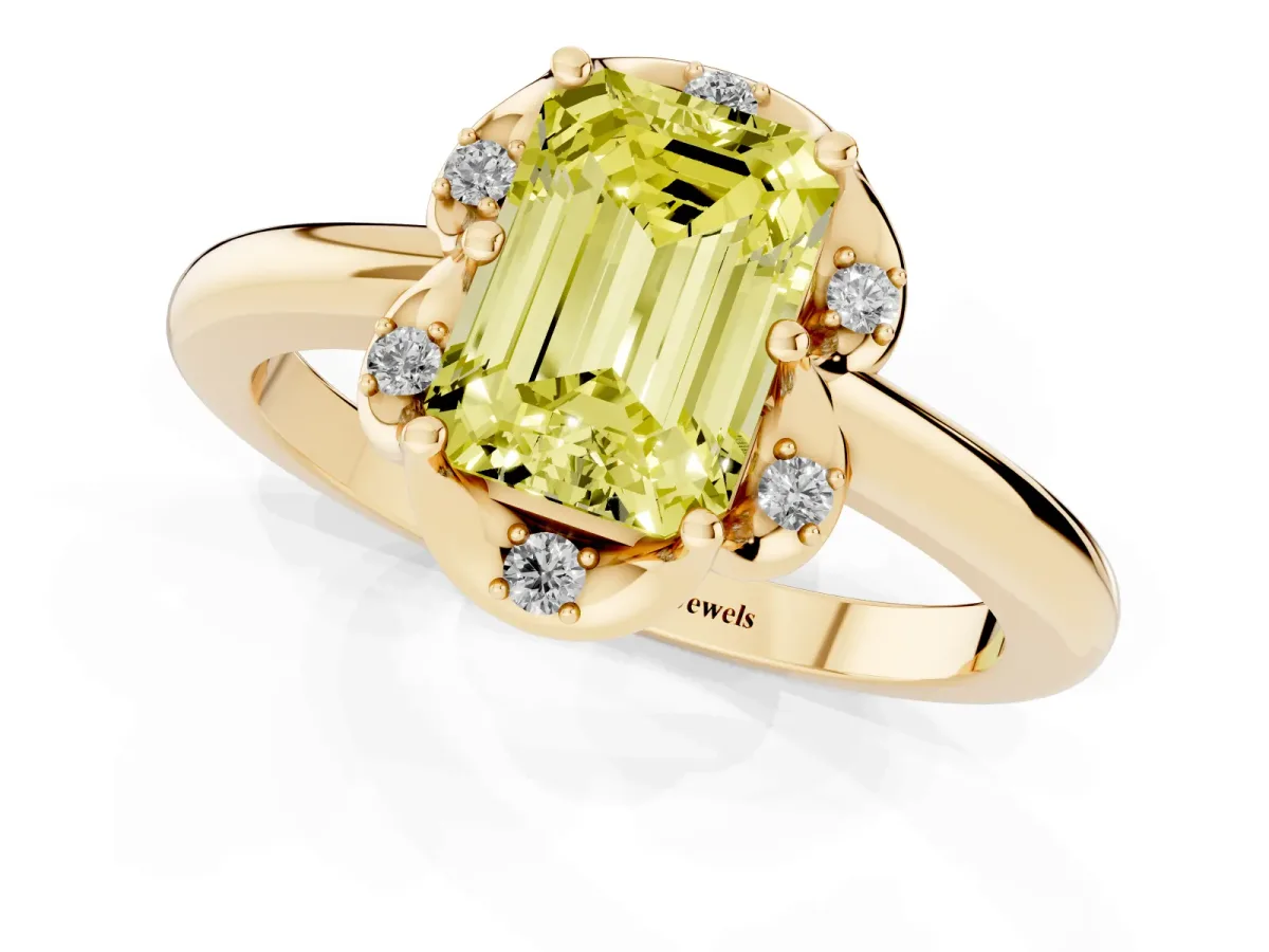 Fancy Yellow Emerald Cut Halo Diamond Ring with Round Cluster Setting, Solitaire Band, and Four-Prong Setting Yellow gold