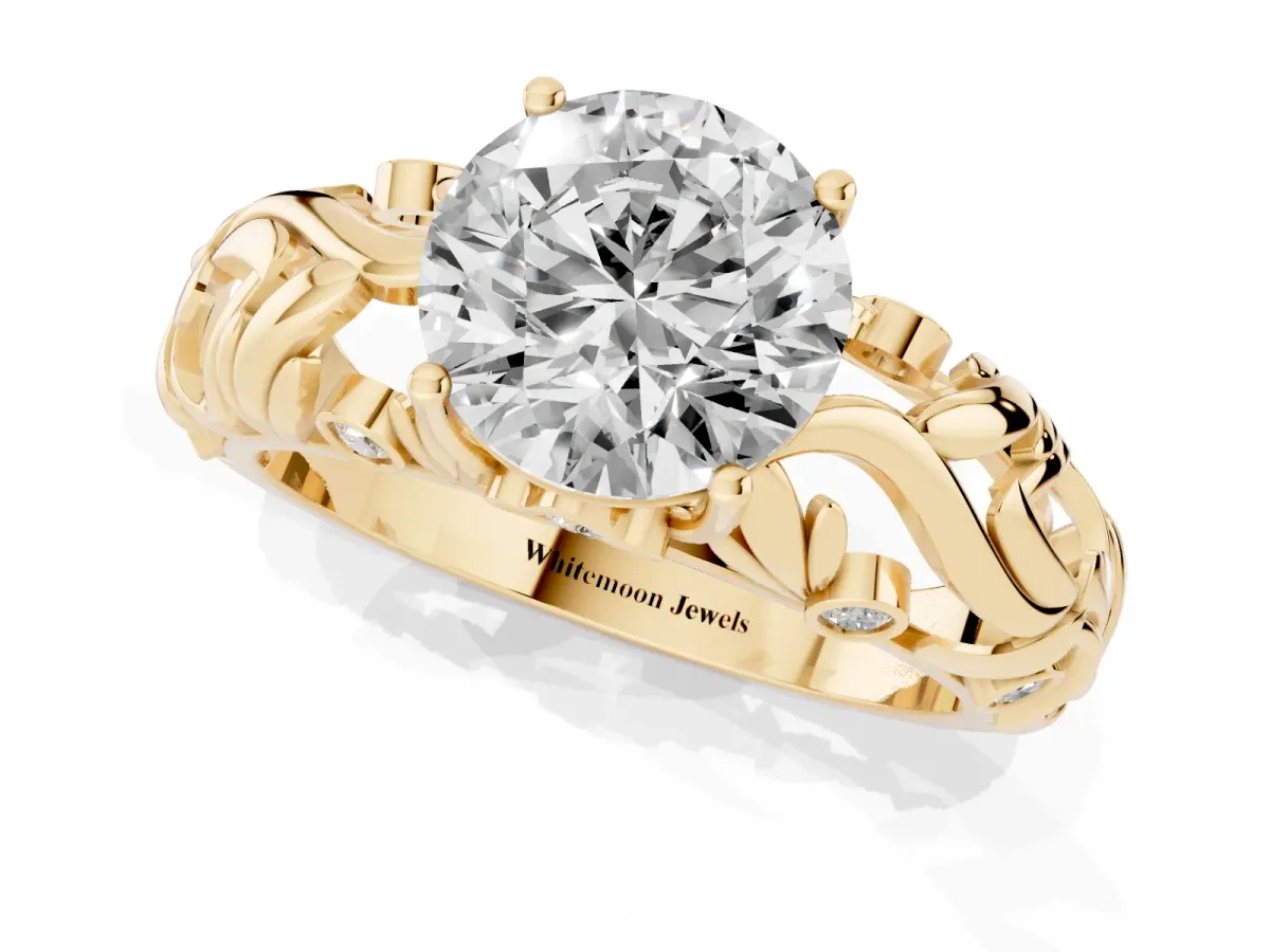 Round Cut Solitaire Diamond Leaf-Inspired Vine Band Ring with Prong Setting Yellow gold