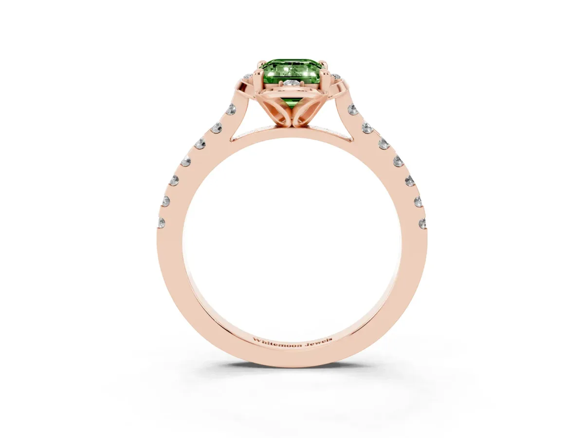 Fancy Green Emerald Cut Diamond Ring with Pavé Band and Floral Prong Setting Rose gold