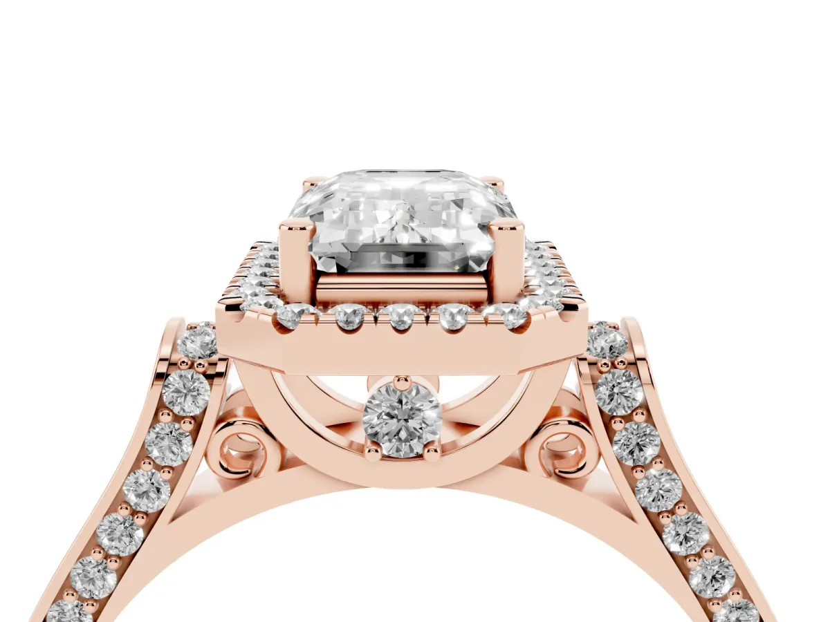 Emerald Cut Halo Pave Split Shank Prong Setting Ring Rose gold