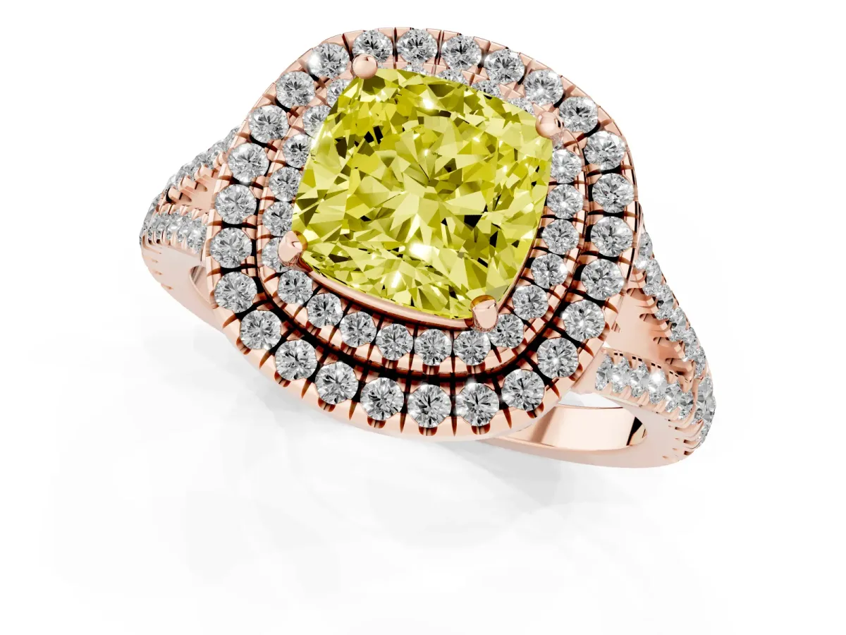Fancy Yellow Cushion Cut Diamond Double Halo Ring with Pavé Band and Prong Setting Rose gold