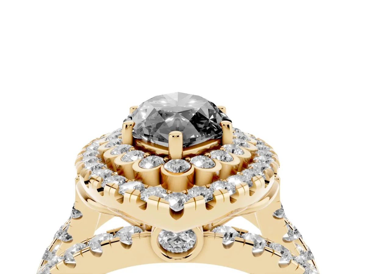 Fancy Black Marquise Cut Diamond Double Halo Ring with Round Pavé Split Shank and Prong Setting Yellow gold