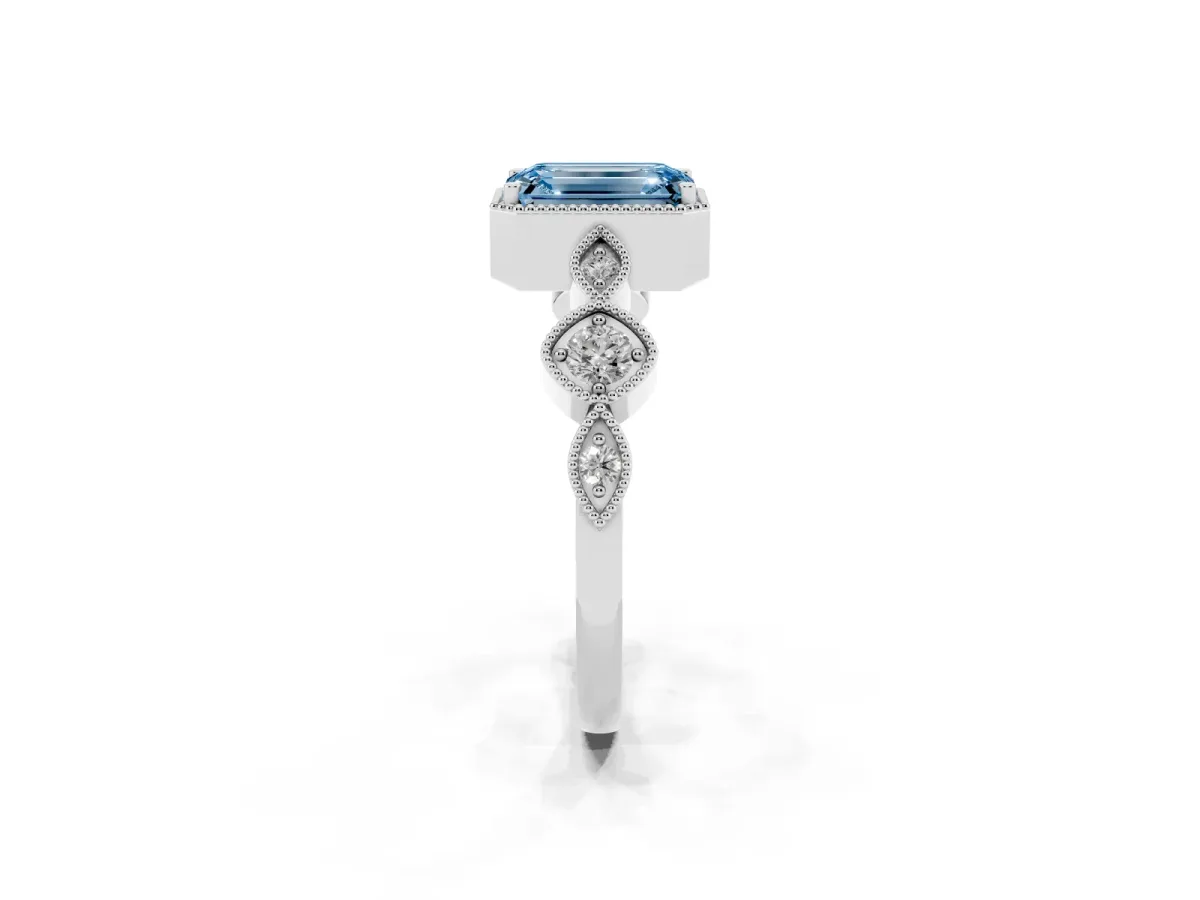 Fancy Blue Emerald Cut Diamond Vintage Milgrain Ring with Round Stations Platinum