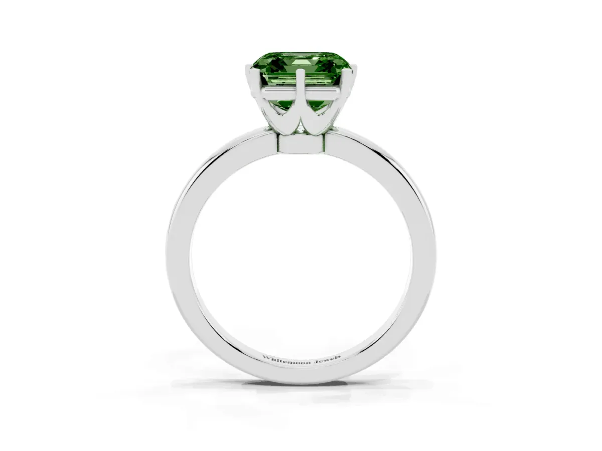 Fancy Green Asscher Cut Solitaire Diamond Ring with Six-Prong Setting on a Classic Band Silver