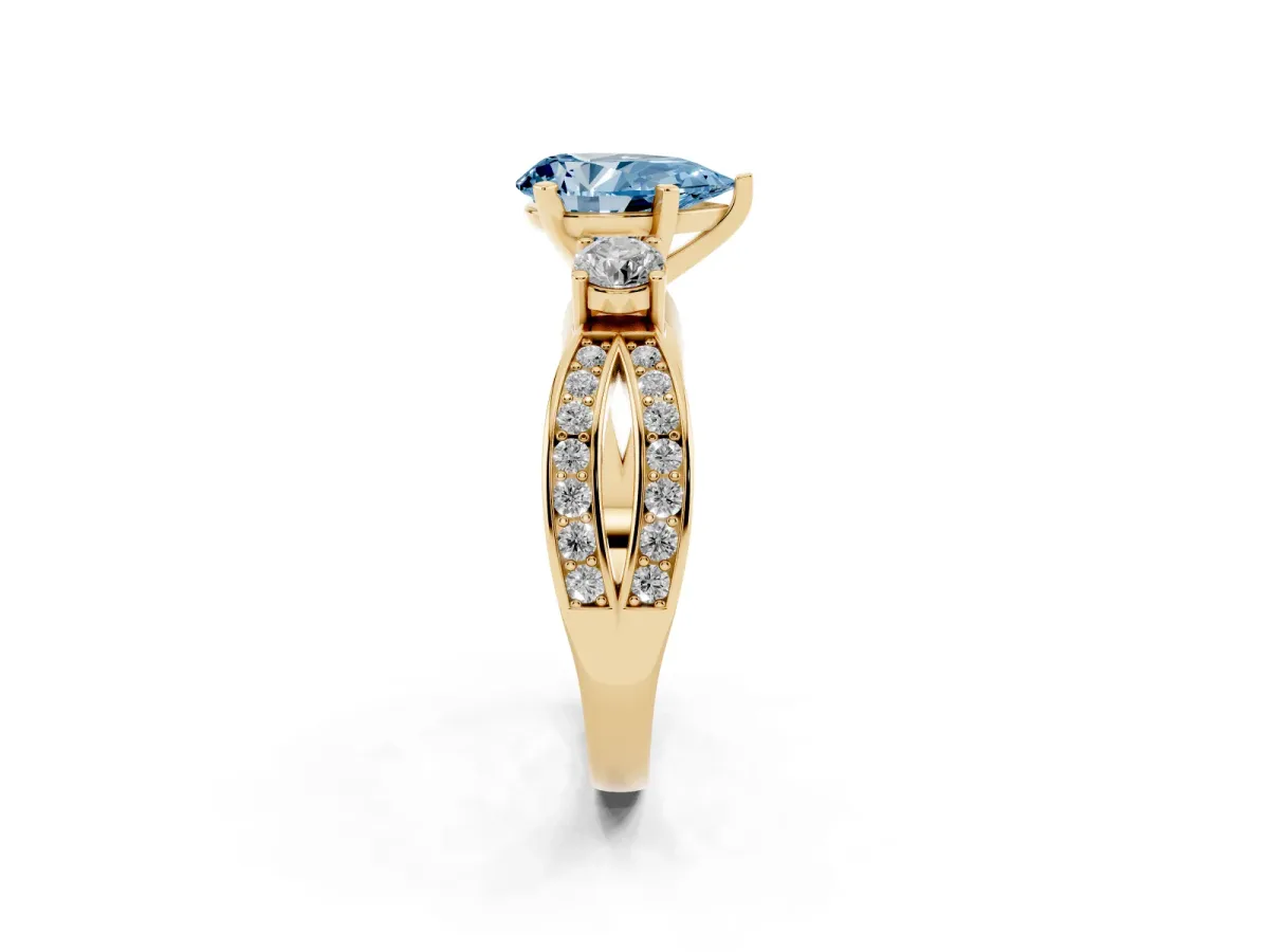 Fancy Blue Three-Stone Pear Cut Cut Diamond Twist Band with Prong Setting Yellow gold