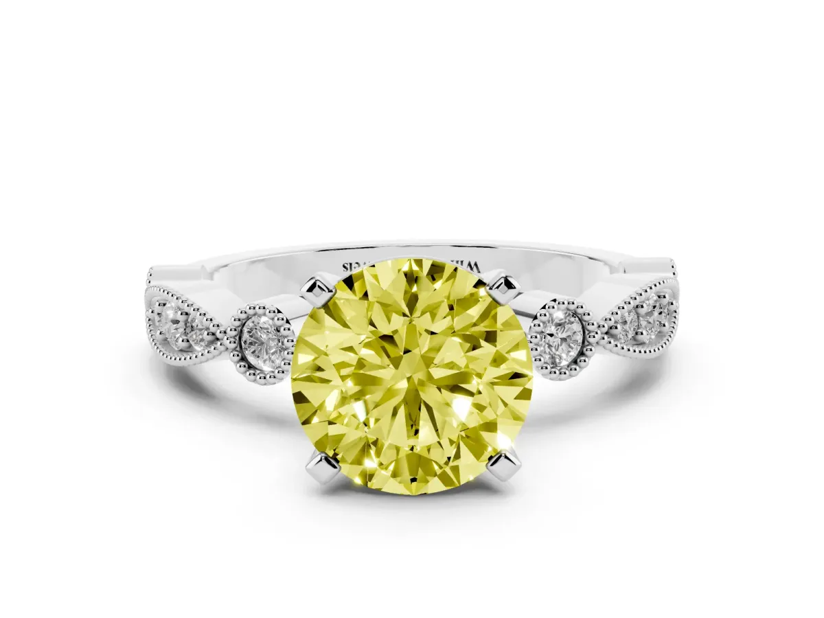 Fancy Yellow Round Cut Milgrain Bezel Diamond Engagement Ring with Solitaire Prong Setting Silver