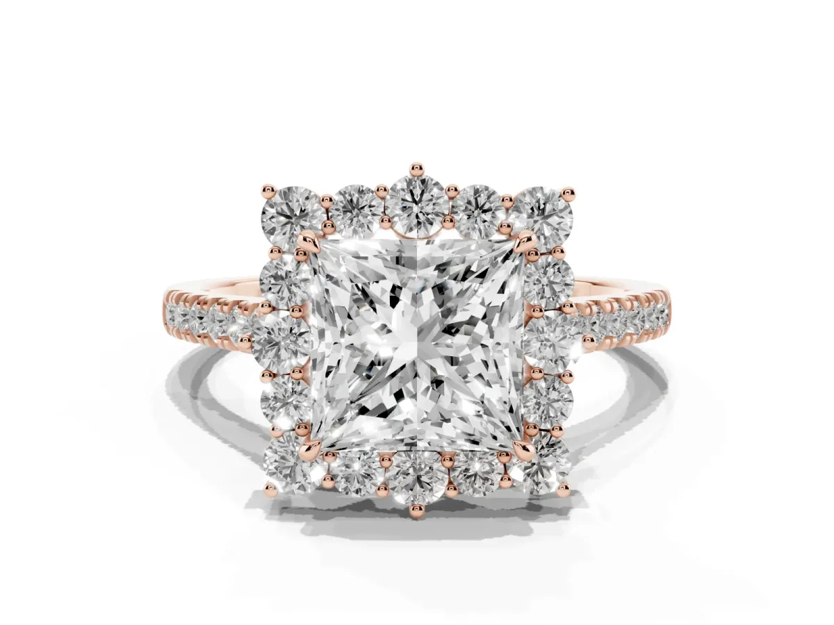 Princess Cut Halo Diamond Ring with Pavé Band and Prong Setting Rose gold