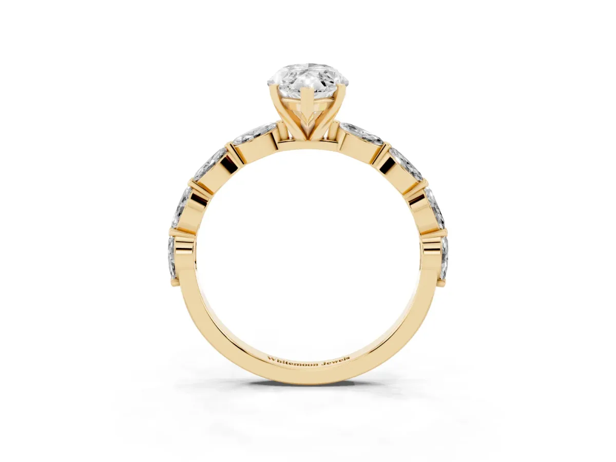 Marquise Cut Diamond Ring with Marquise Side Stones and Prong Setting Yellow gold