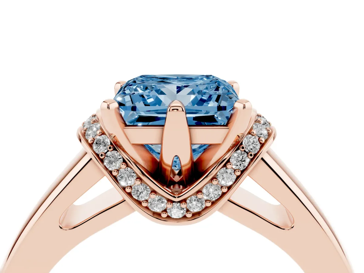 Fancy Blue Princess Cut Solitaire Diamond Ring with Pave Band and Six-Prong Setting Rose gold
