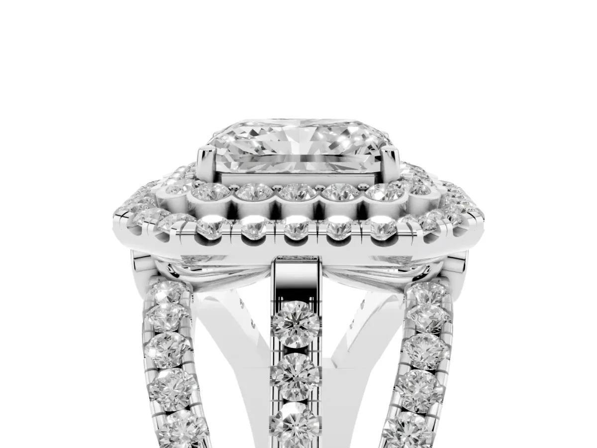 Radiant Cut Diamond Double Halo Ring with Round Pavé Split Shank and Prong Setting Silver