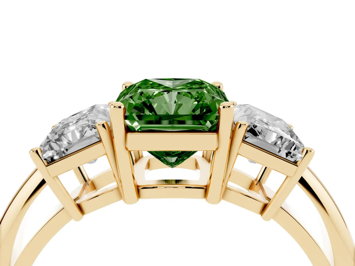 Fancy Green Three-Stone Radiant Cut Cut Diamond Engagement Ring with Prong Setting on a White Gold Band Yellow gold