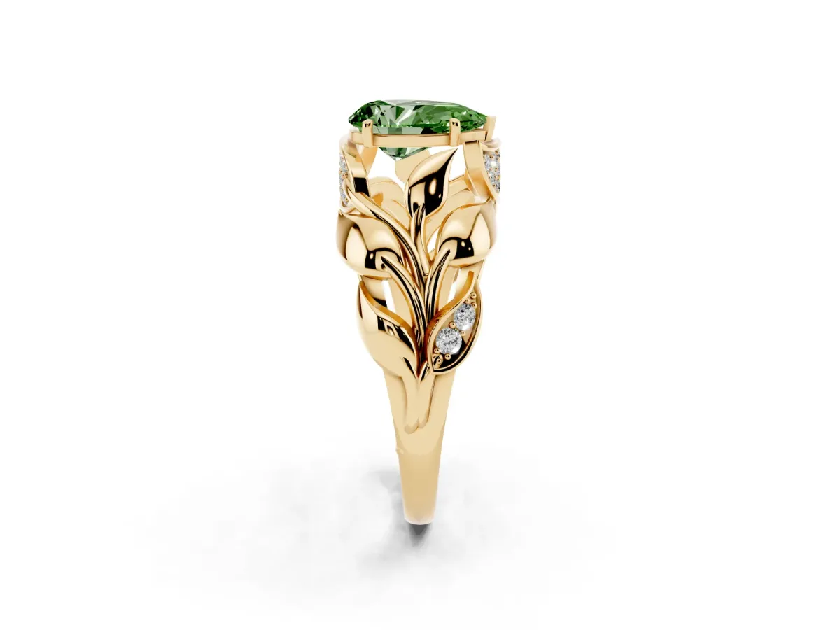 Fancy Green Pear Cut Diamond Leaf-Inspired Engagement Ring with Round Accents and Prong Setting Yellow gold