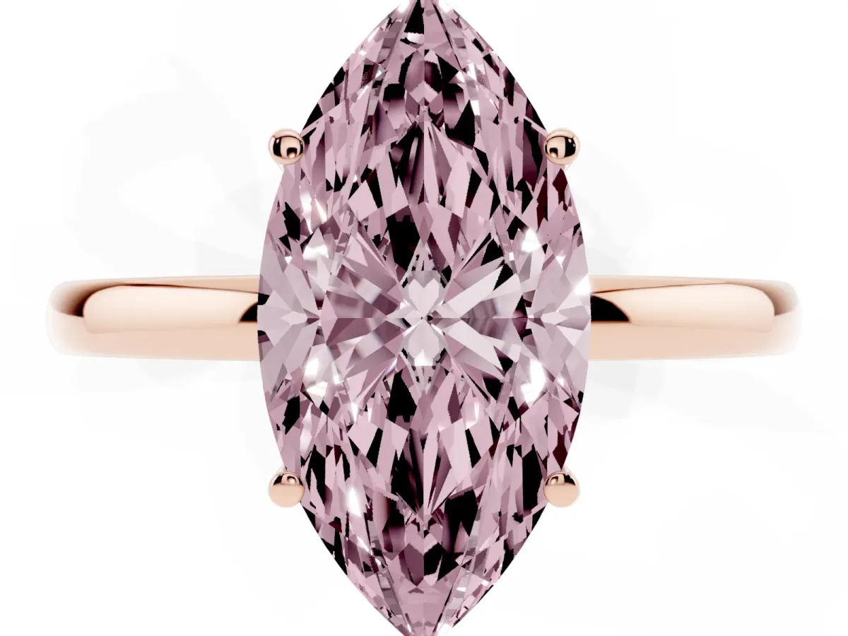 Fancy Pink Marquise Cut Solitaire Diamond Ring with Prong Setting and Plain Band Rose gold