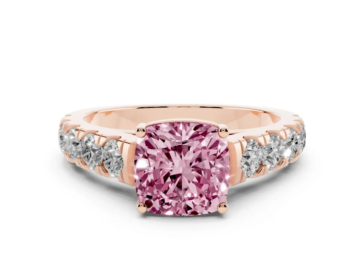 Fancy Pink Cushion Cut Cut Diamond Solitaire Ring with Micro Pave Band and Prong Setting Rose gold