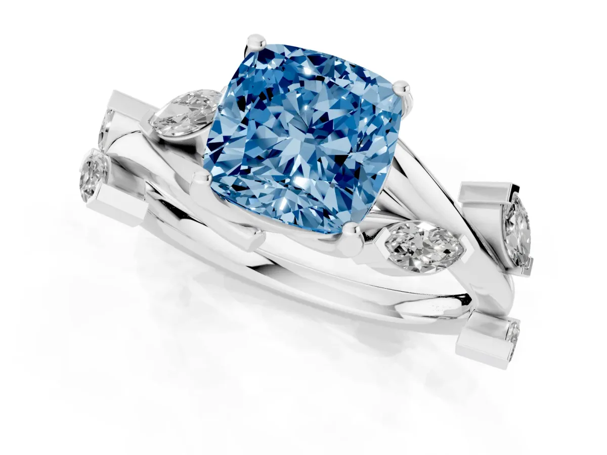 Fancy Blue Cushion Cut Solitaire Twisted Band Marquise Accent Prong Setting Ring Platinum