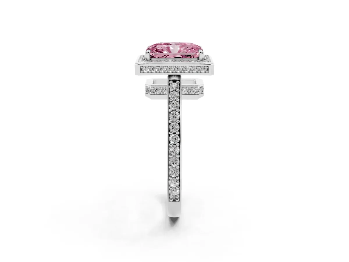 Fancy Pink Radiant Cut Halo Pave Band Solitaire Ring with Prong Setting Silver