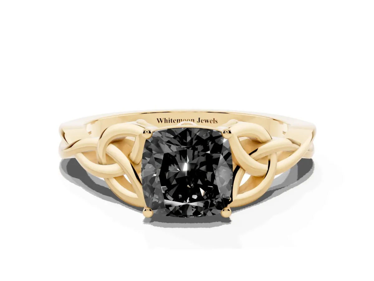 Fancy Black Cushion Cut Diamond Solitaire Engagement Ring with Celtic Knot Band and Four-Prong Setting Yellow gold