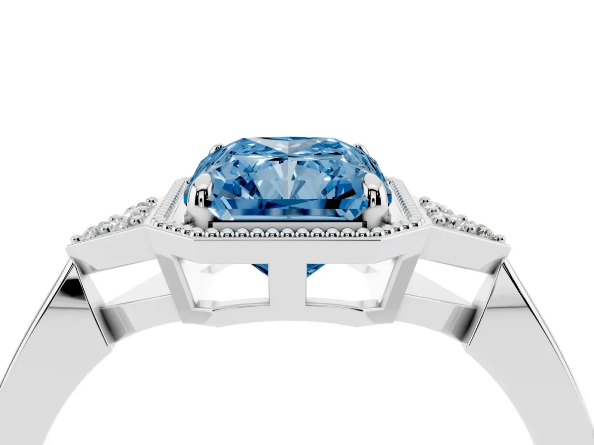 Fancy Blue Hexagonal Halo Radiant Cut Diamond Solitaire with Pavé Band and Four-Prong Setting Silver