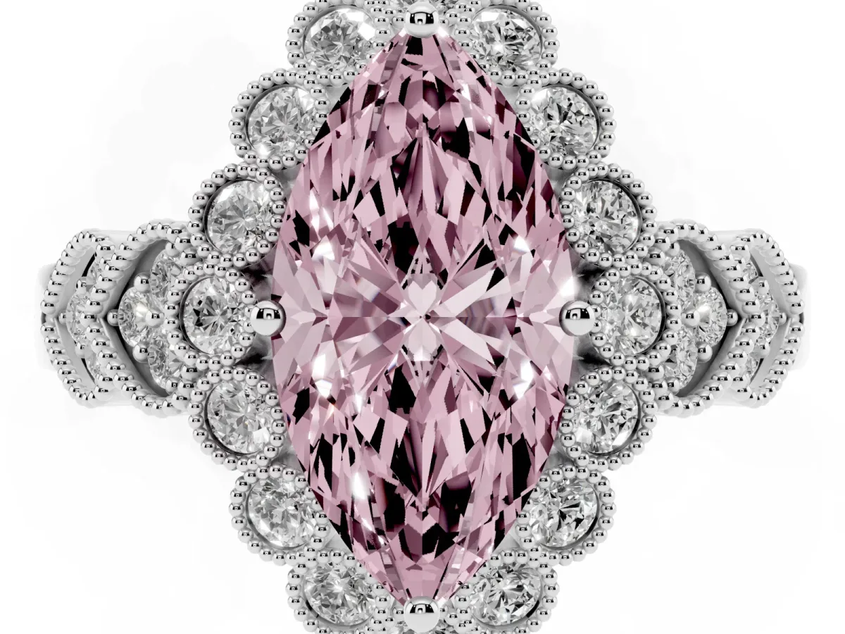 Fancy Pink Marquise Cut Brilliant Milgrain Pave Heart Band Solitaire Ring Silver