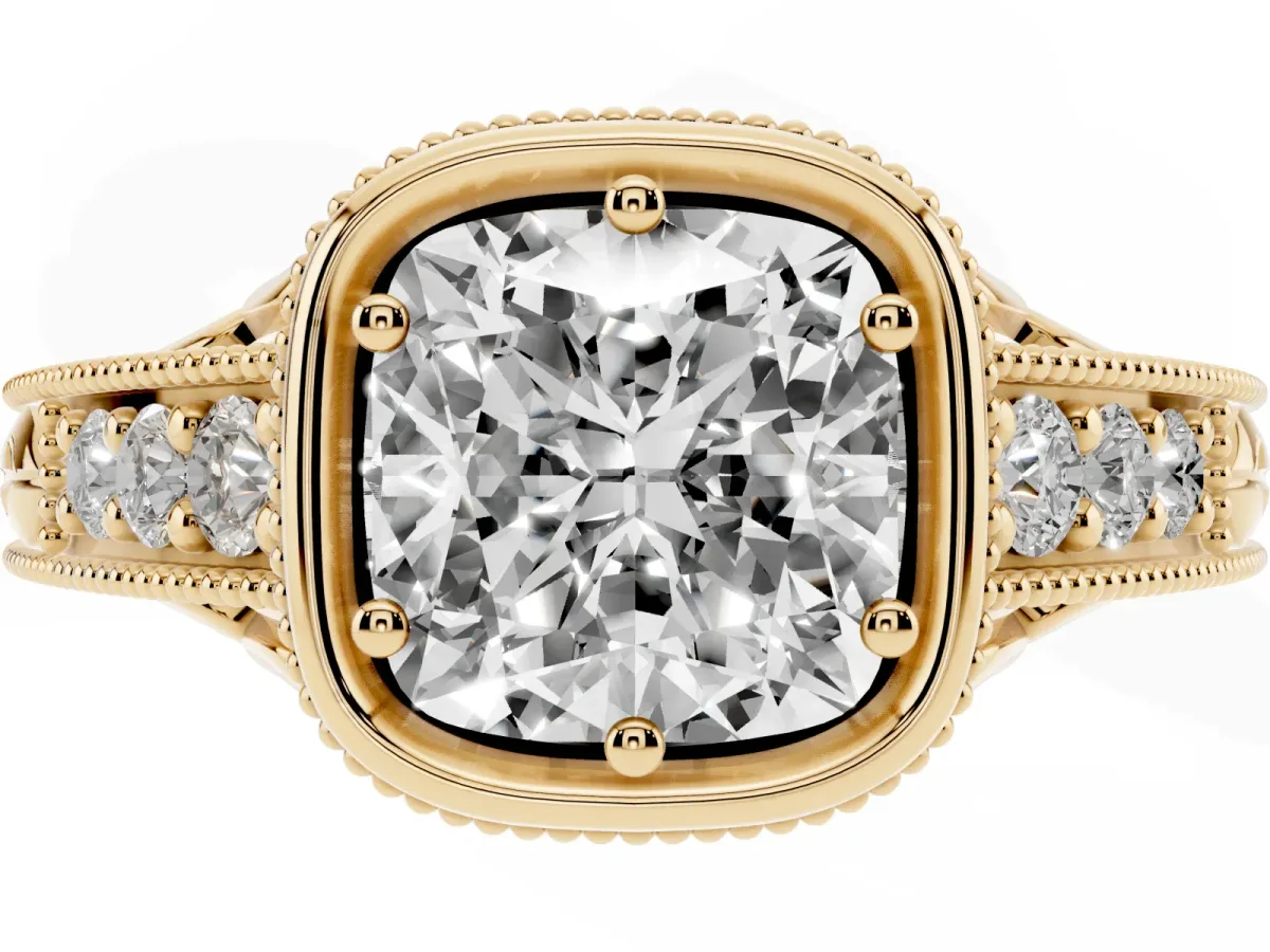 Bezel Set Cushion Cut Diamond Milgrain Pave Engagement Ring Yellow gold