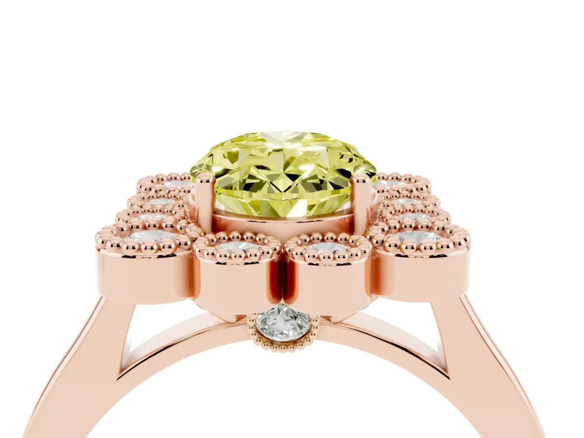 Fancy Yellow Oval Cut Halo Diamond Cluster Engagement Ring with Milgrain Bezel Setting and Solitaire Band Rose gold