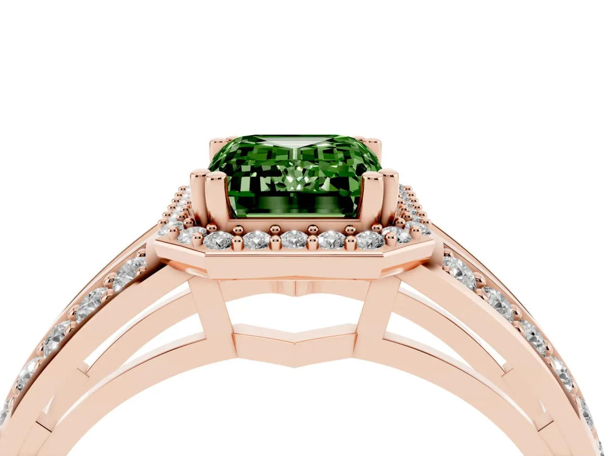 Fancy Green Emerald Cut Diamond Halo Ring with Split Shank Pavé Band and Four-Prong Setting Rose gold