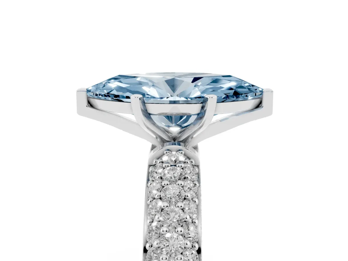 Fancy Blue Marquise Cut Diamond Solitaire Ring with Prong Setting and Pavé Band Silver