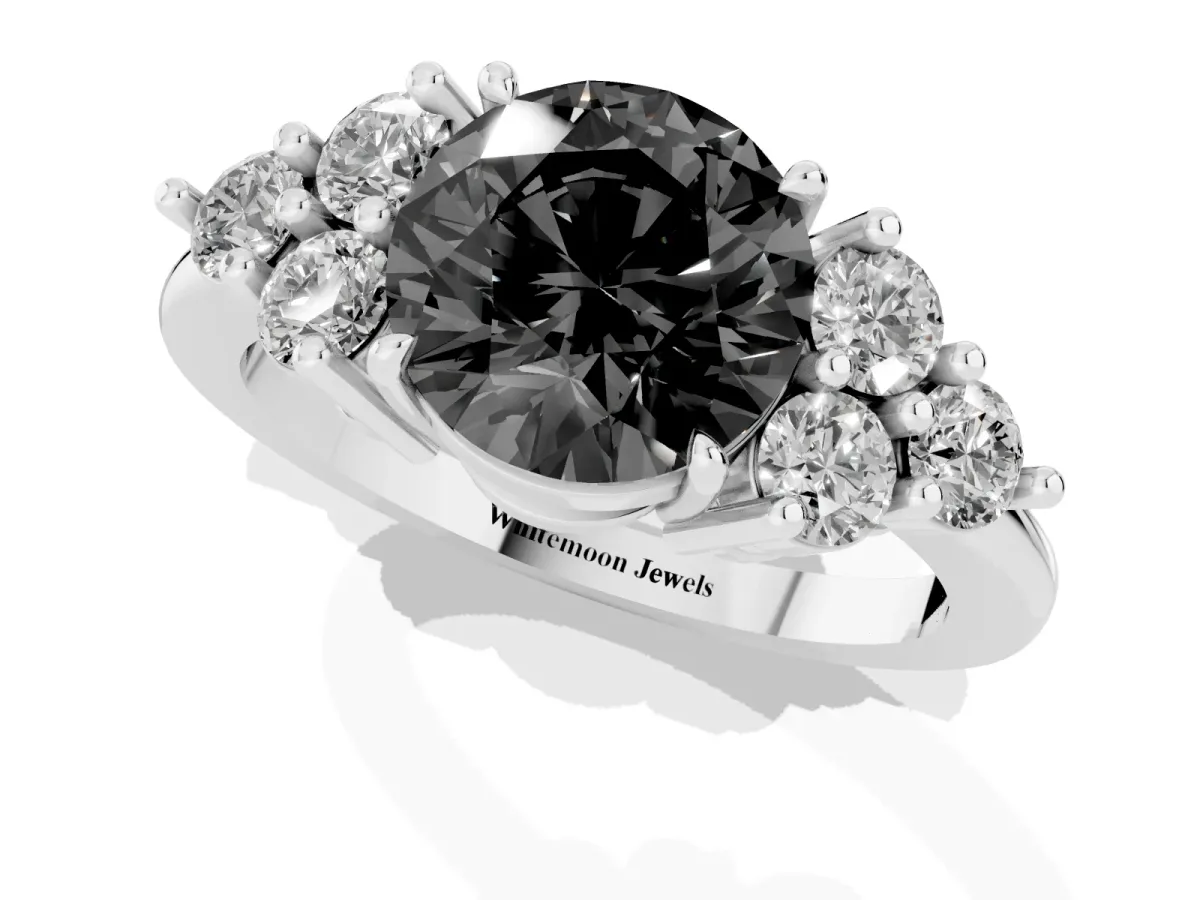 Fancy Black Round Cut Brilliant Diamond Cluster Accent Solitaire Ring with Prong Setting White gold