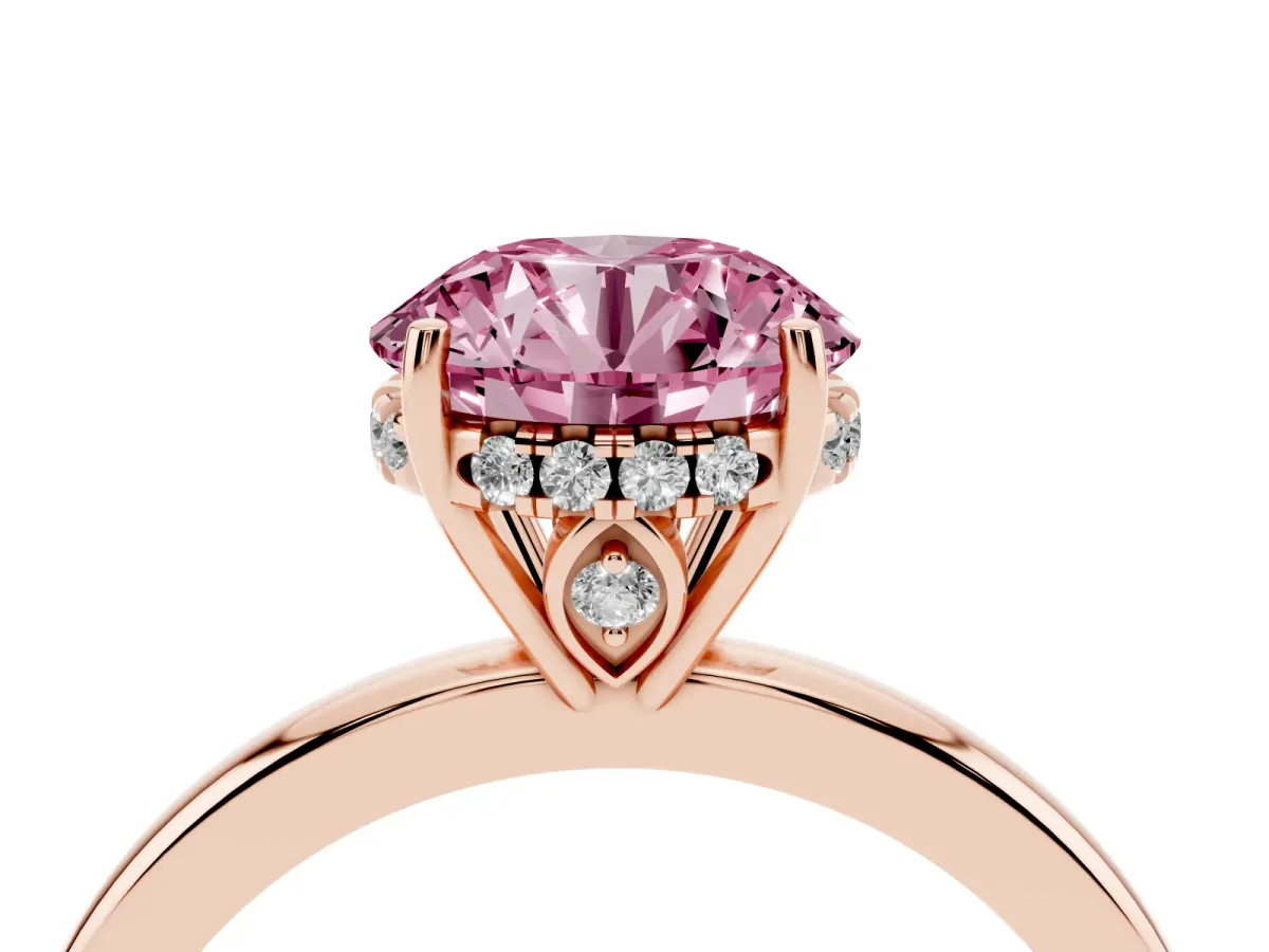 Fancy Pink Round Cut Solitaire Diamond Ring with Prong Setting and Plain Band Rose gold