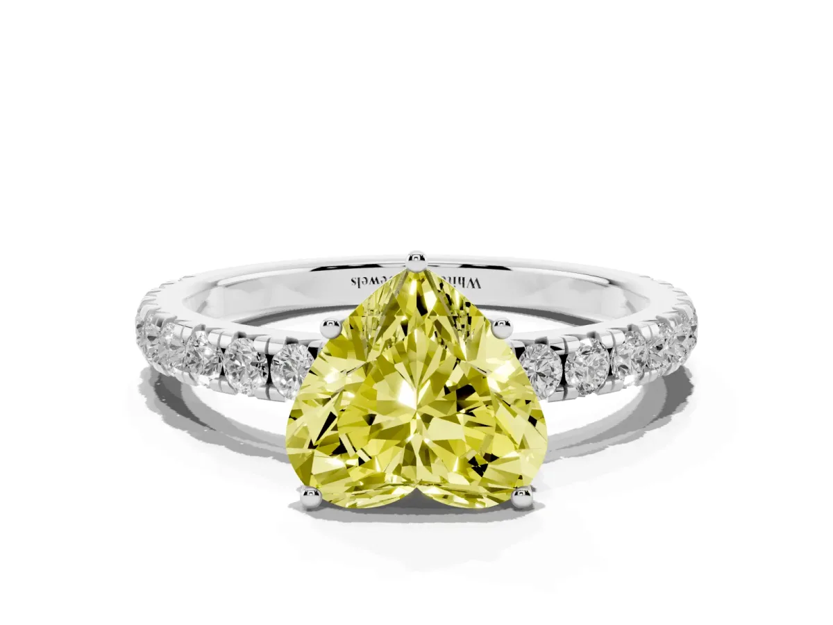 Fancy Yellow Heart Cut Diamond Pavé Solitaire Engagement Ring with Four-Prong Setting Silver
