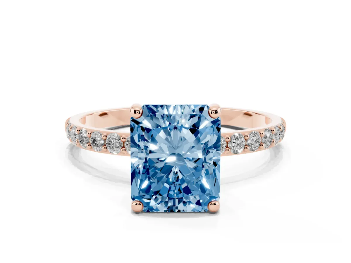 Fancy Blue Radiant Cut Diamond Solitaire Ring with Round Pavé Band and Prong Setting Rose gold