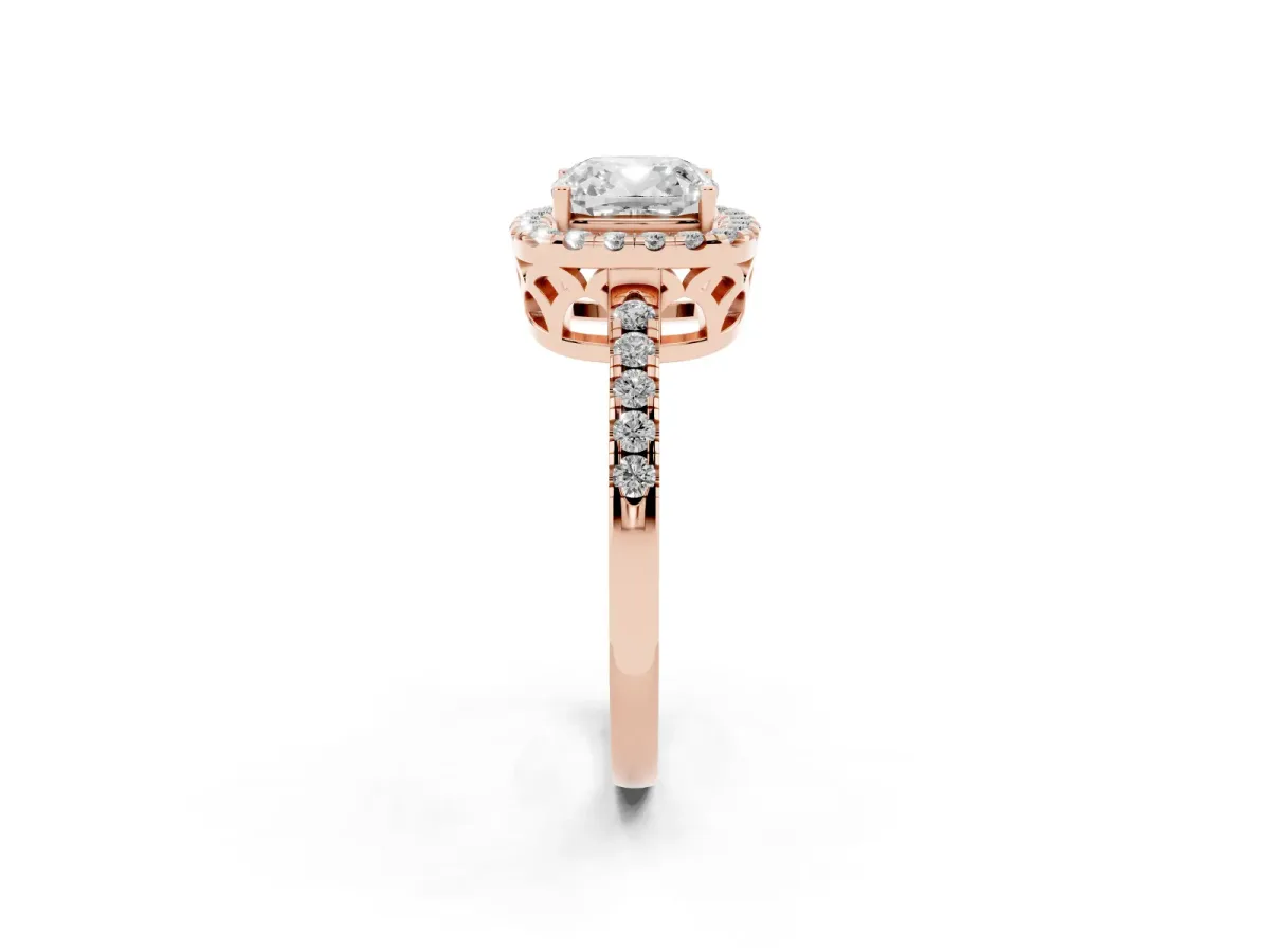 Cushion Cut Halo Diamond Engagement Ring with Pavé Band and Four-Prong Setting Rose gold