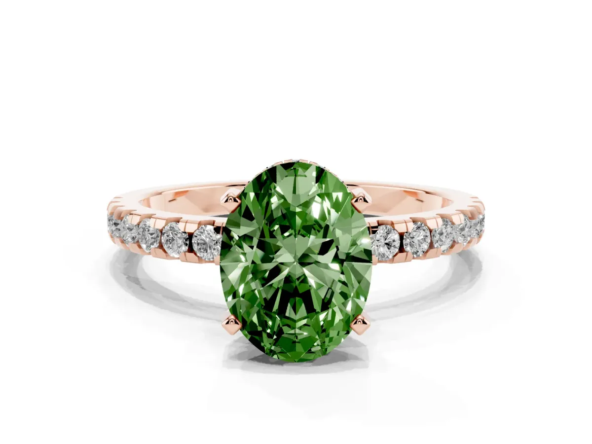 Fancy Green Oval Cut Diamond Solitaire Ring with Round Pavé Band and Four-Prong Setting Rose gold