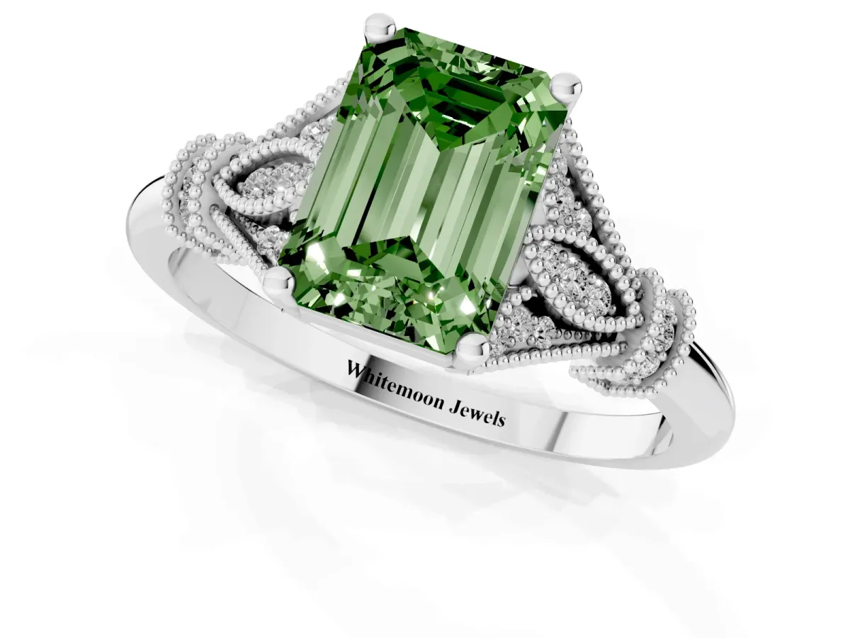 Fancy Green Emerald Cut Diamond Solitaire Ring with Floral Filigree and Pave Accents Silver