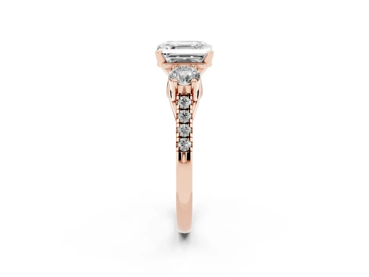Three-Stone Asscher Cut Diamond Pavé Band with Four-Prong Setting Rose gold