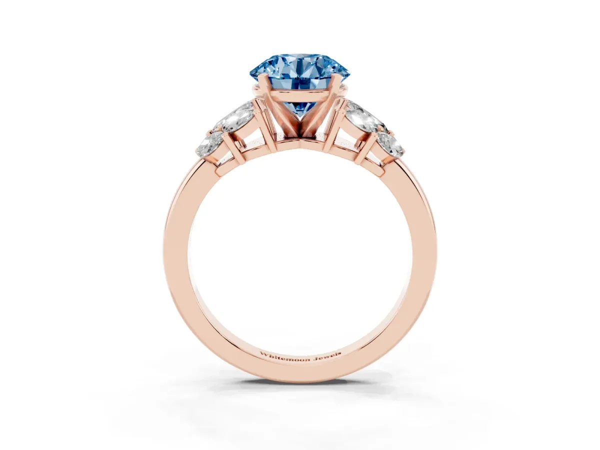 Fancy Blue Round Cut Diamond Cluster Leaf Design Ring with Prong Setting Rose gold