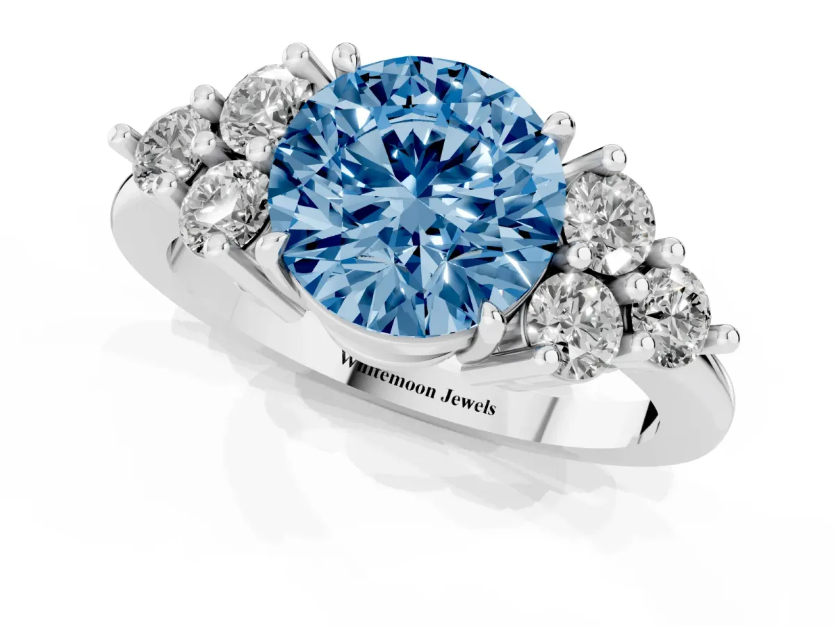 Fancy Blue Round Cut Brilliant Diamond Cluster Accent Solitaire Ring with Prong Setting Platinum