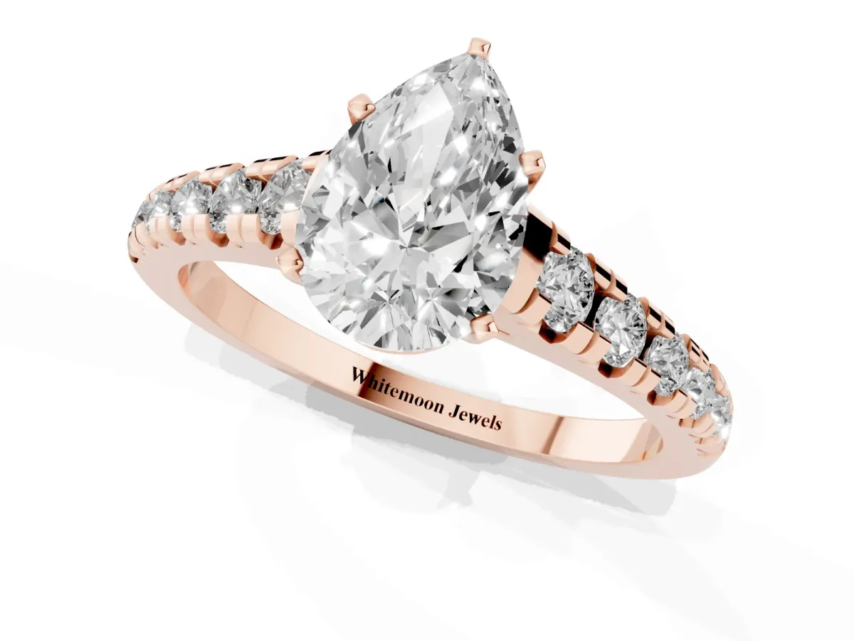 Pear Cut Diamond Cathedral Solitaire Ring with Round Pavé Band Rose gold