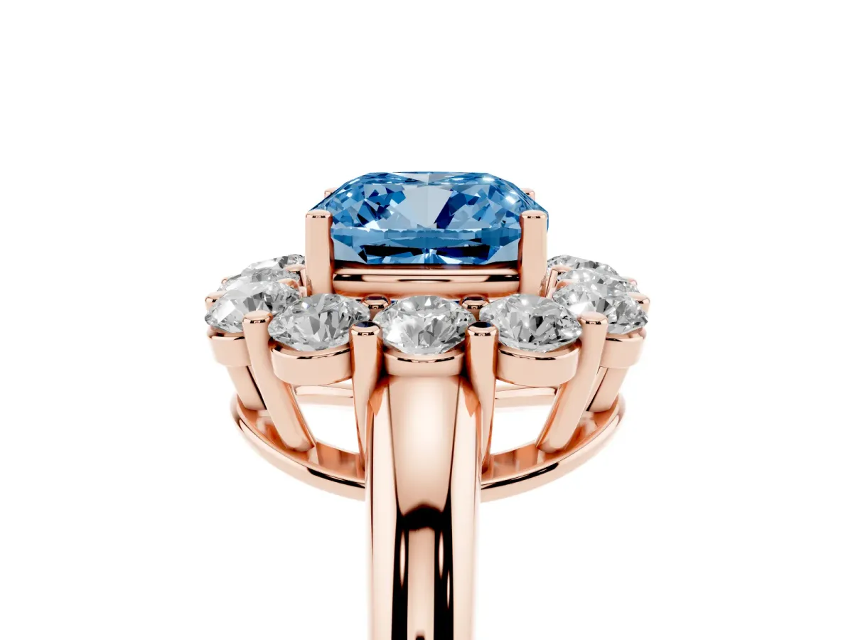 Fancy Blue Cushion Cut Halo Cluster Diamond Engagement Ring with Prong Setting and Polished Band Rose gold
