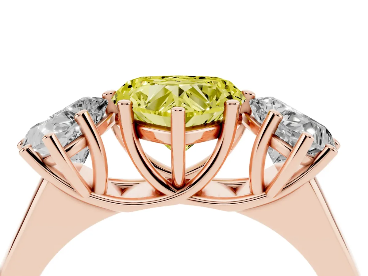 Fancy Yellow Heart Cut Three-Stone Diamond Ring with Prong Setting on a Classic Band Rose gold