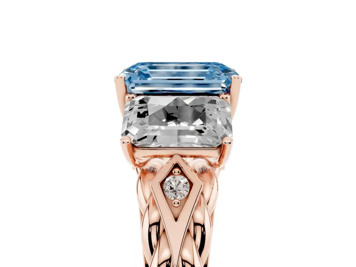 Fancy Blue Three-Stone Emerald Cut Diamond Braided Band Ring with Four-Prong Setting Rose gold
