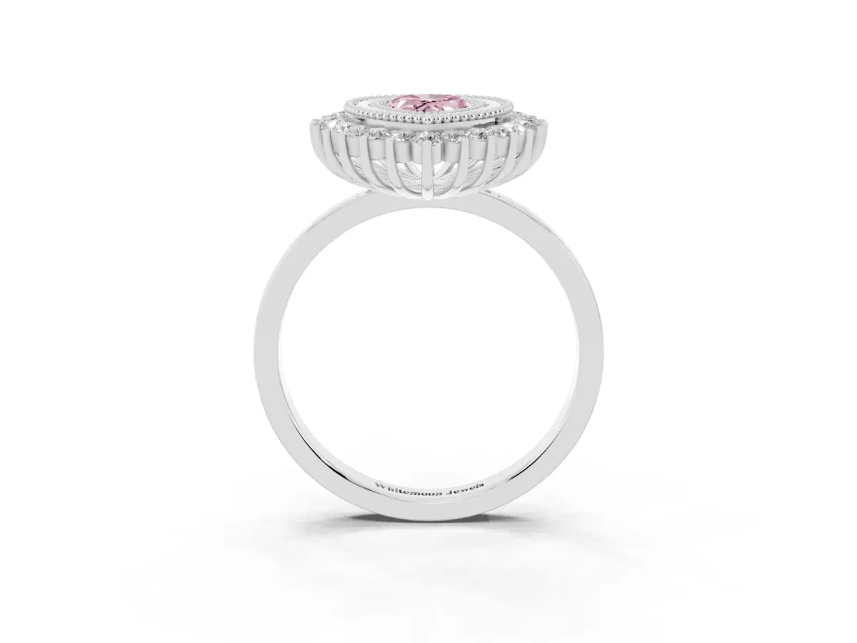Fancy Pink Pear Cut Halo Diamond Ring with Milgrain Edge and Round Prong Setting Silver