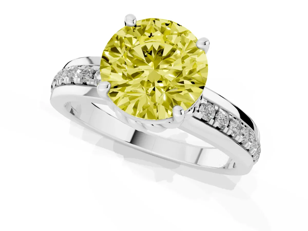 Fancy Yellow Round Cut Solitaire Diamond Ring with Channel Set Band and Six-Prong Setting Silver
