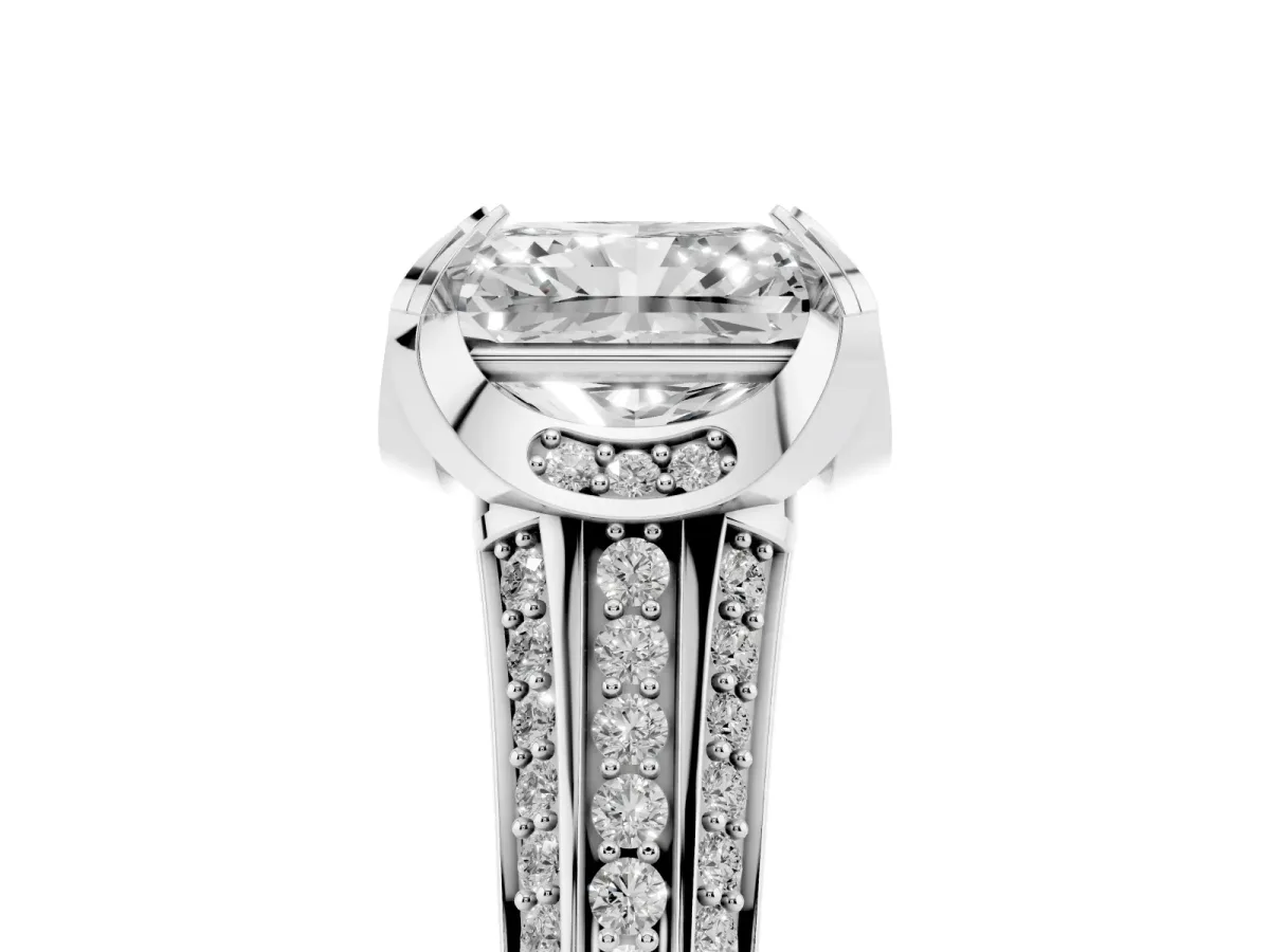 Radiant Cut Solitaire Pave Split Shank Ring with Four-Prong Setting Silver